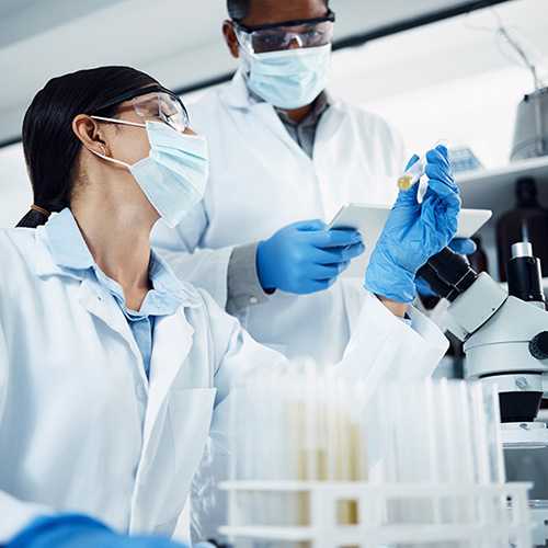 2 scientists wearing face masks conversing in lab