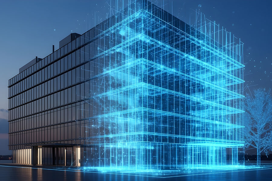 Building with a lit up extension drawing.